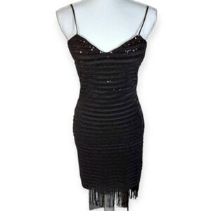 MONACO USA BLACK BEADED FRINGE BODYCON DRESS SZ.M EUC.